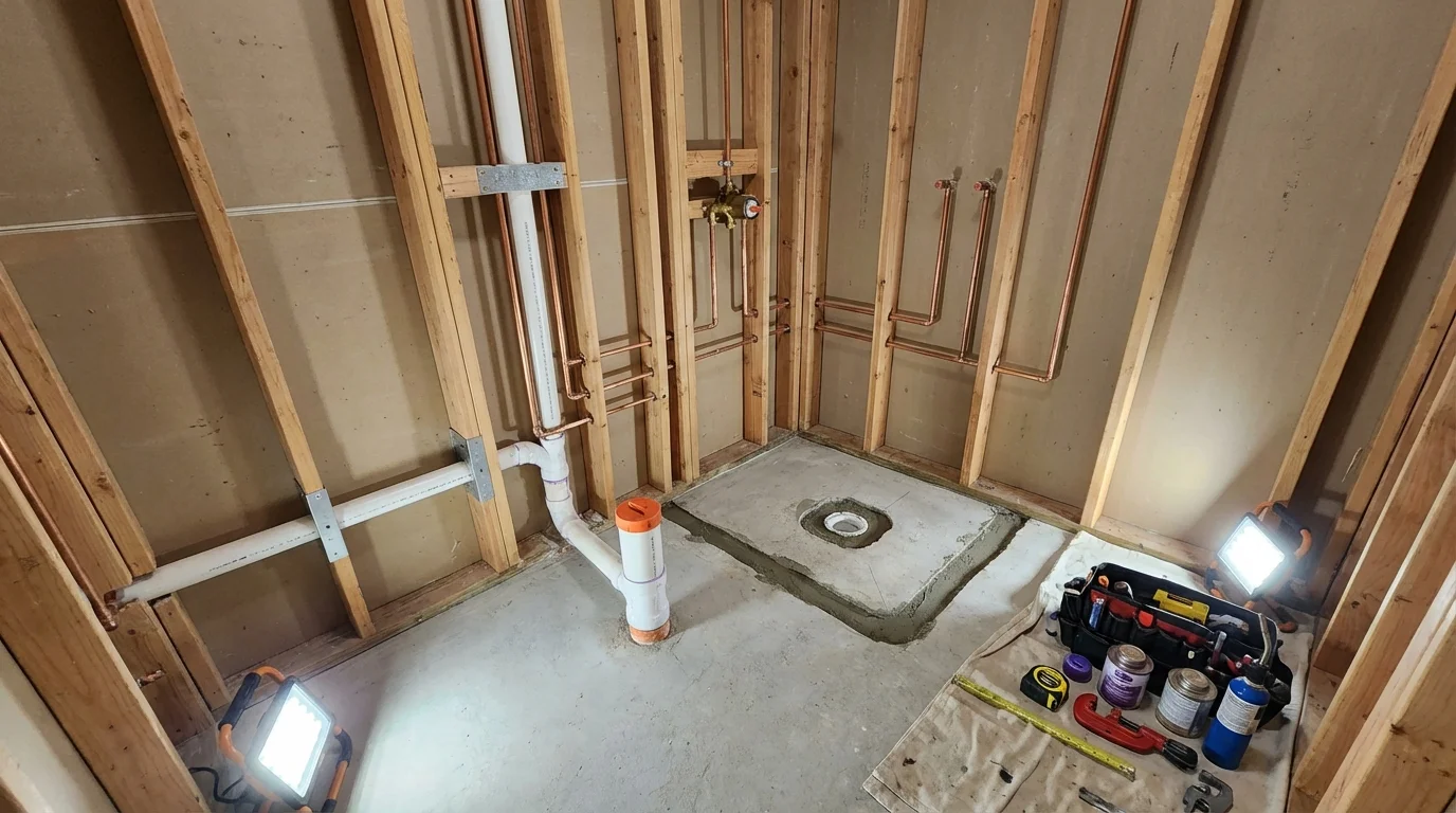 Bathroom rough-in plumbing during remodel by Johns Plumbing LLC in Bagdad