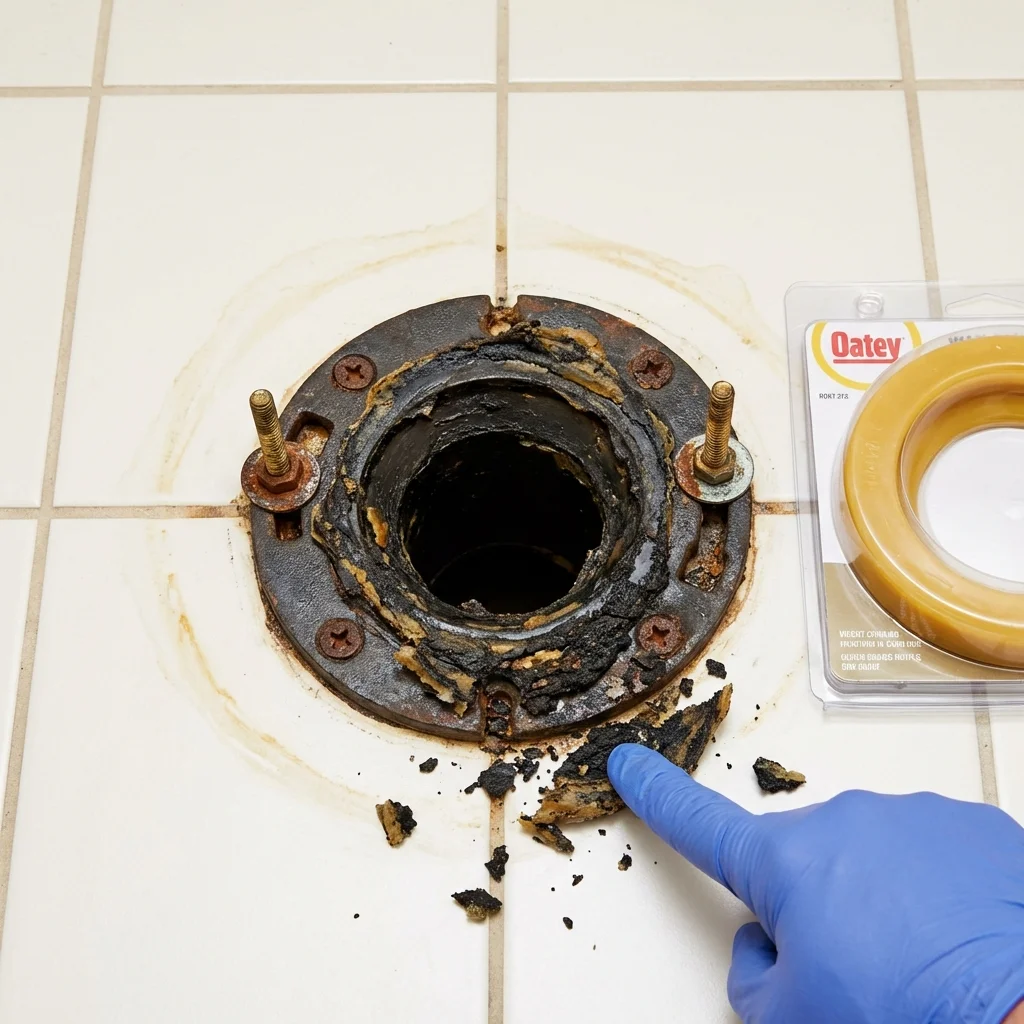 Failed wax ring showing water seepage at the base of a toilet in a Bagdad, AZ home